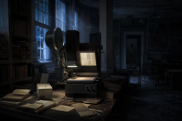 Sala di consultazione abbandonata con un vecchio lettore di microfilm nella penombra