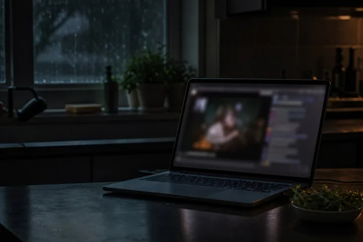 Un computer acceso in una cucina buia mostra una diretta senza spettatori mentre la pioggia batte alla finestra