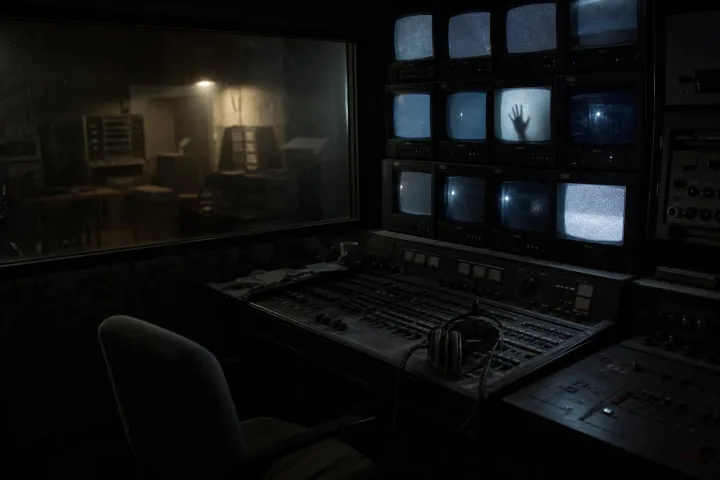 Control room televisiva anni Settanta immersa nel buio durante una trasmissione inquietante