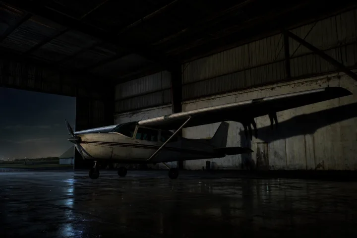 Un hangar notturno con un piccolo aereo e un'ombra impossibile sotto l'ala