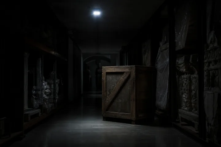 Cassa di legno sigillata in un corridoio museale notturno illuminato da una luce fredda