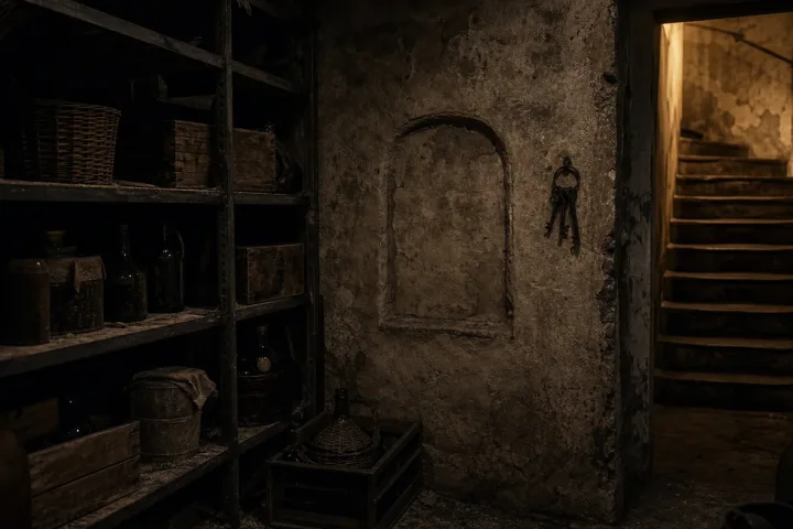 Cantina antica di Trastevere con scaffali polverosi, chiavi e una nicchia sigillata