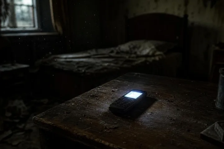 Telefono isolato in una stanza buia dopo un messaggio inspiegabile