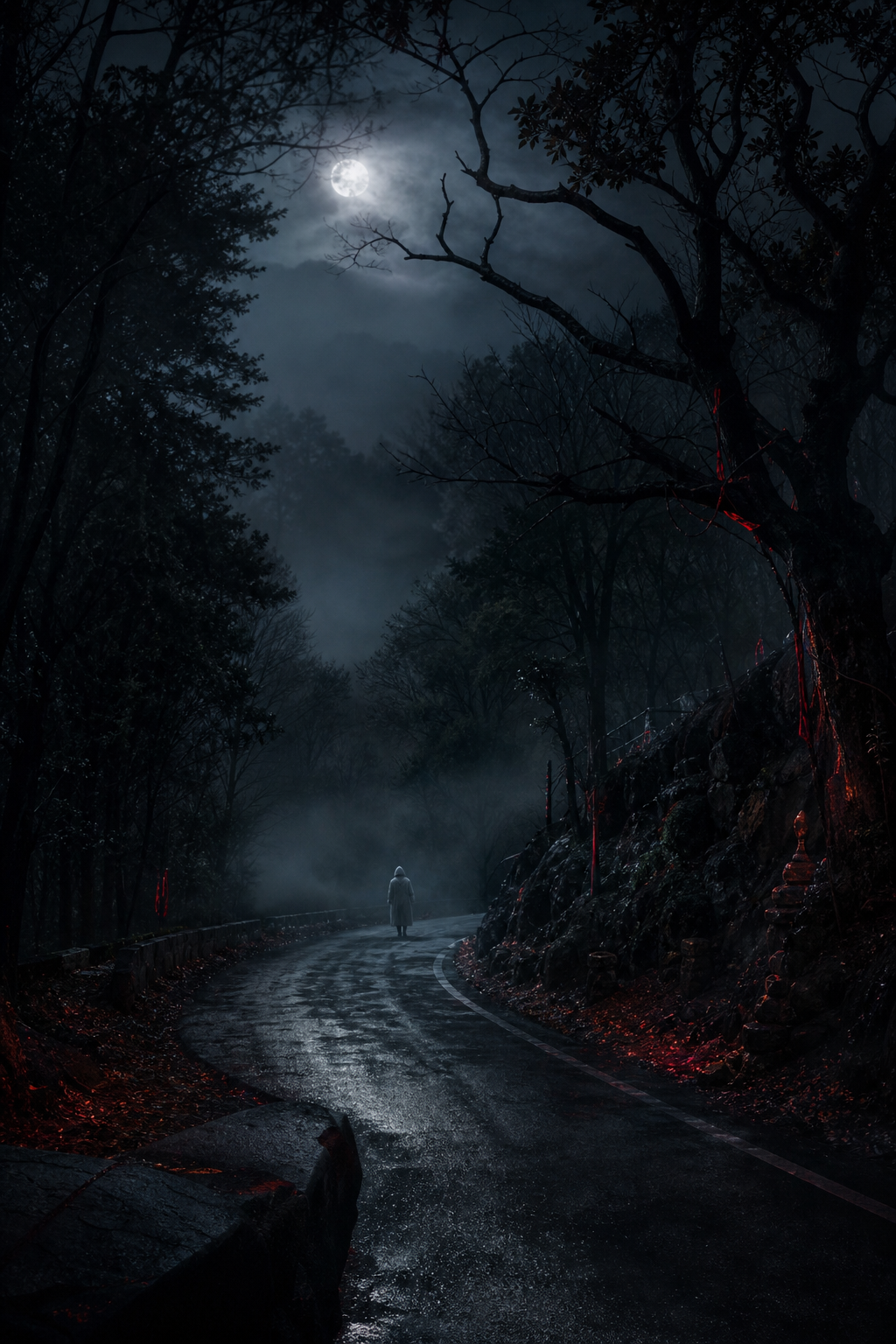 Locandina editoriale verticale ispirata a The Wailing con strada di montagna nella nebbia