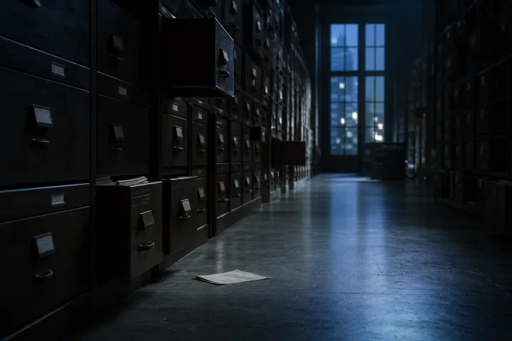 Corridoio d’archivio notturno con cassetti aperti e un foglio caduto sul pavimento