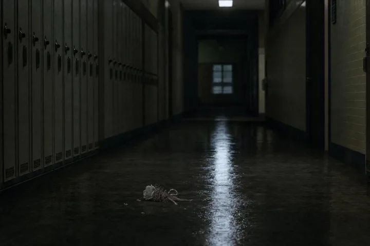 Corridoio scolastico anni Settanta vuoto con corsage caduto e luce fluorescente