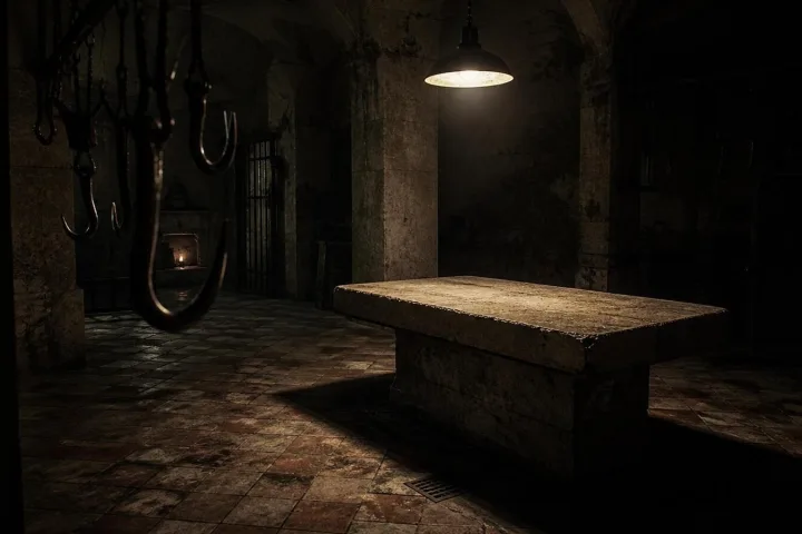 Cantina monastica sotterranea con ganci di ferro e tavolo di pietra illuminato da una lampada fredda