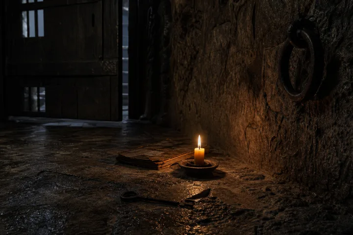 Cella di pietra con registro, chiave spezzata e anello di ferro illuminati da una candela