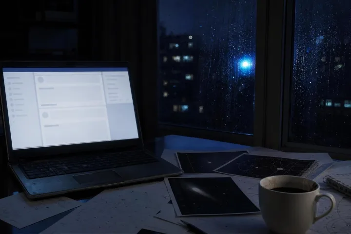 Scrivania notturna con computer acceso e mappe di una cometa