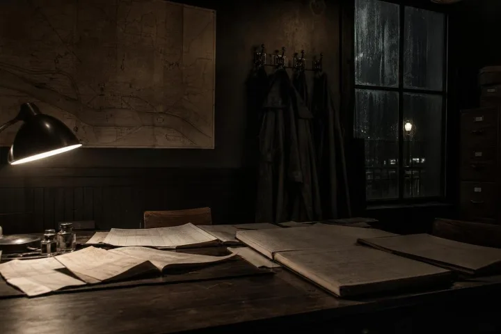 Archivio notturno con liste passeggeri e mappa del fiume