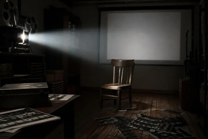 Sala di proiezione vuota con bobine e una sedia illuminata dal fascio del proiettore