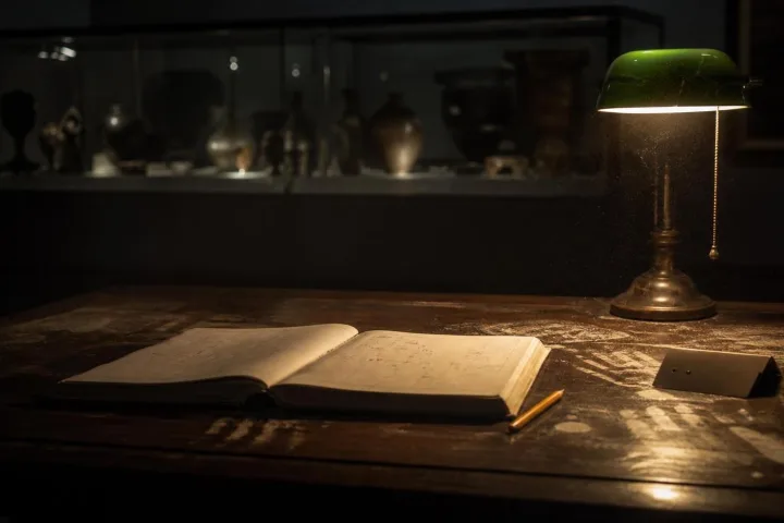 Registro visite aperto su un tavolo d’archivio illuminato da una lampada verde