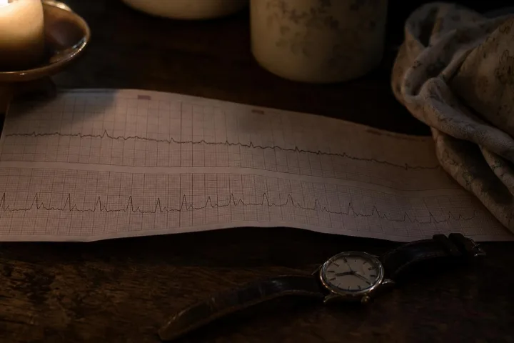 Una striscia cardiotocografica su un tavolo illuminato da una candela, con due tracce nere che sembrano rincorrersi nel buio.
