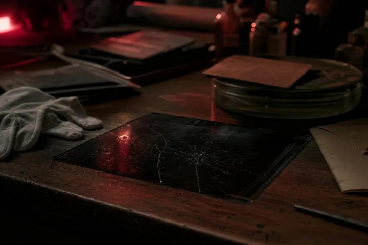 Lastra fotografica crepata su un banco d'archivio con guanti, busta sigillata e luce rossa da camera oscura
