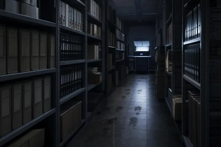 Corridoio d’archivio buio con scaffali metallici e luce di scanner in fondo