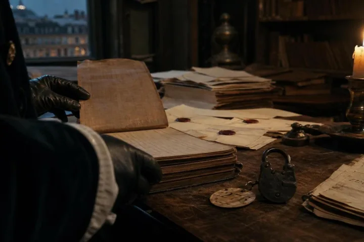 Registro consumato con sigilli e chiave in una sala d’archivio illuminata da candele