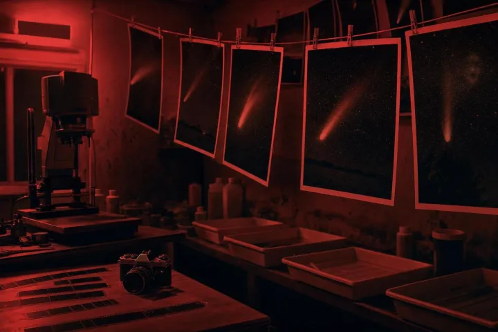 Laboratorio fotografico con stampe astronomiche appese sotto luce rossa