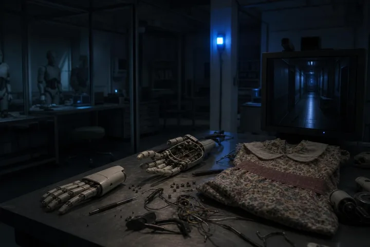 Laboratorio robotico notturno con mano sintetica aperta e monitor di sorveglianza