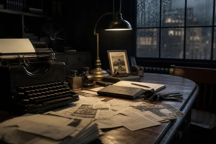Scrivania d’archivio con macchina da scrivere, ritagli di giornale e taccuino di polizia