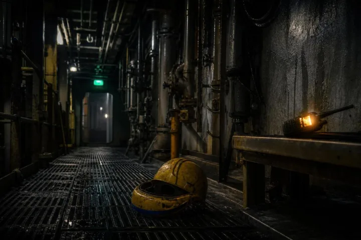 Corridoio di manutenzione vuoto con un casco giallo sul pavimento e una radio accesa