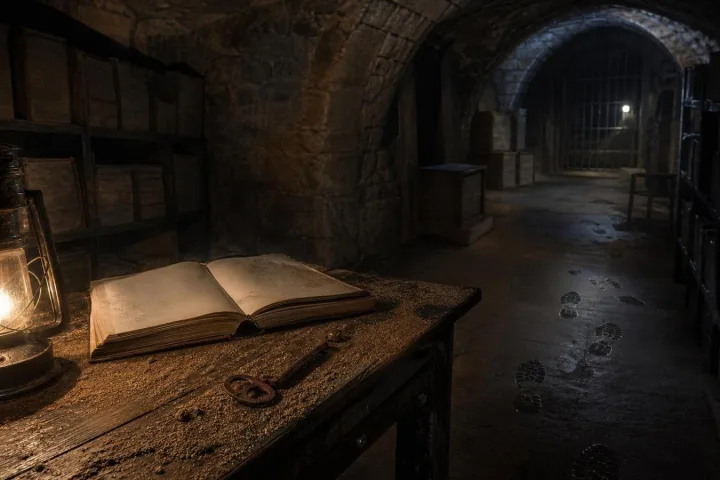 Registro aperto e chiave arrugginita in una sala d’archivio sotterranea