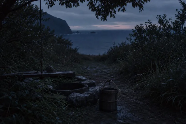 Sentiero umido verso un vecchio pozzo sulla costa giapponese prima dell’alba