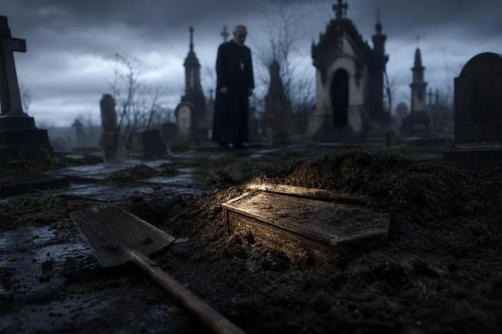 Cimitero europeo sotto cielo grigio con pietre bagnate, pala abbandonata e una piccola cassa coperta di terra