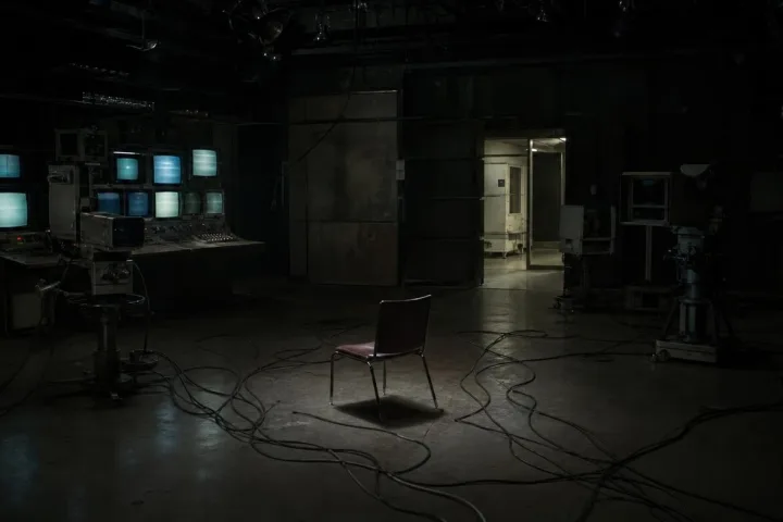 Una stanza di controllo analogica illuminata da monitor freddi, eco visiva dell'incubo di Videodrome