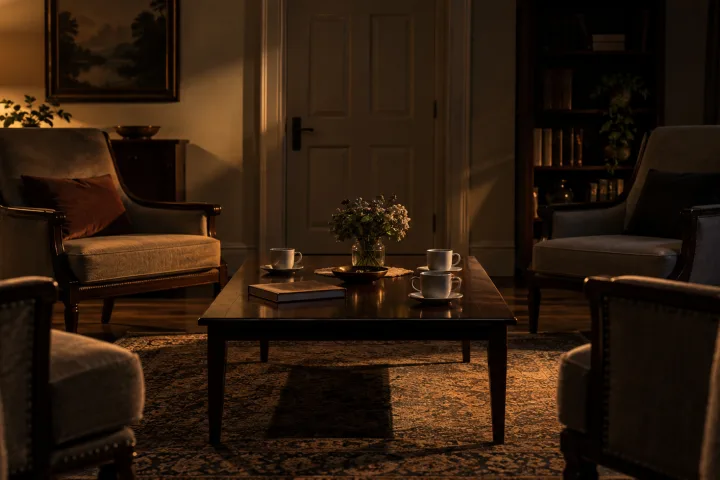 Scena cinematografica tesa con personaggi in un interno cupo di Theatre of Blood.